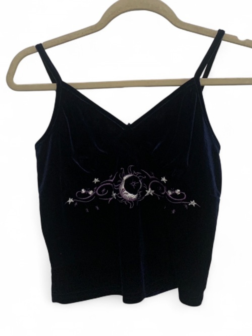Romwe Dark Blue Velvet Moon Embroidered Cami Tank Top